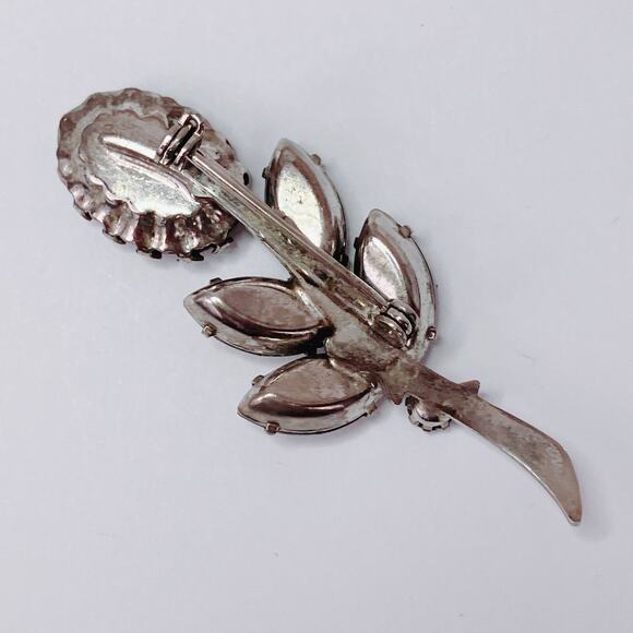 Vintage 1960s Mourning Style Brooch Smoky Rhinestones Floral Silver Tone Pin - Picture 7 of 10
